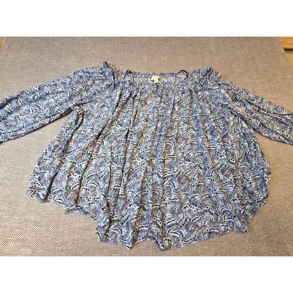 Terra & Sky Blouse Top Women 2X 20W-22W Blue Fan Print Off Shoulder High Low Hem